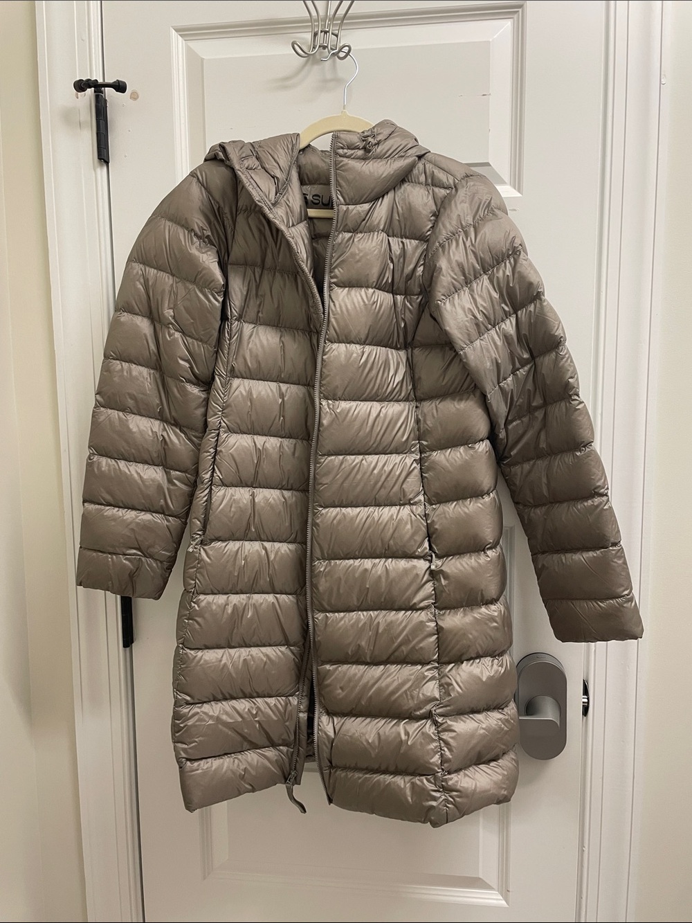 Aritzia Taupe Lightweight Long Puffer Coat with Hood